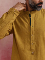 Thumbnail for trueBrowns Men's Mustard Cotton Mandarin Collar Stylized Kurta - Distacart