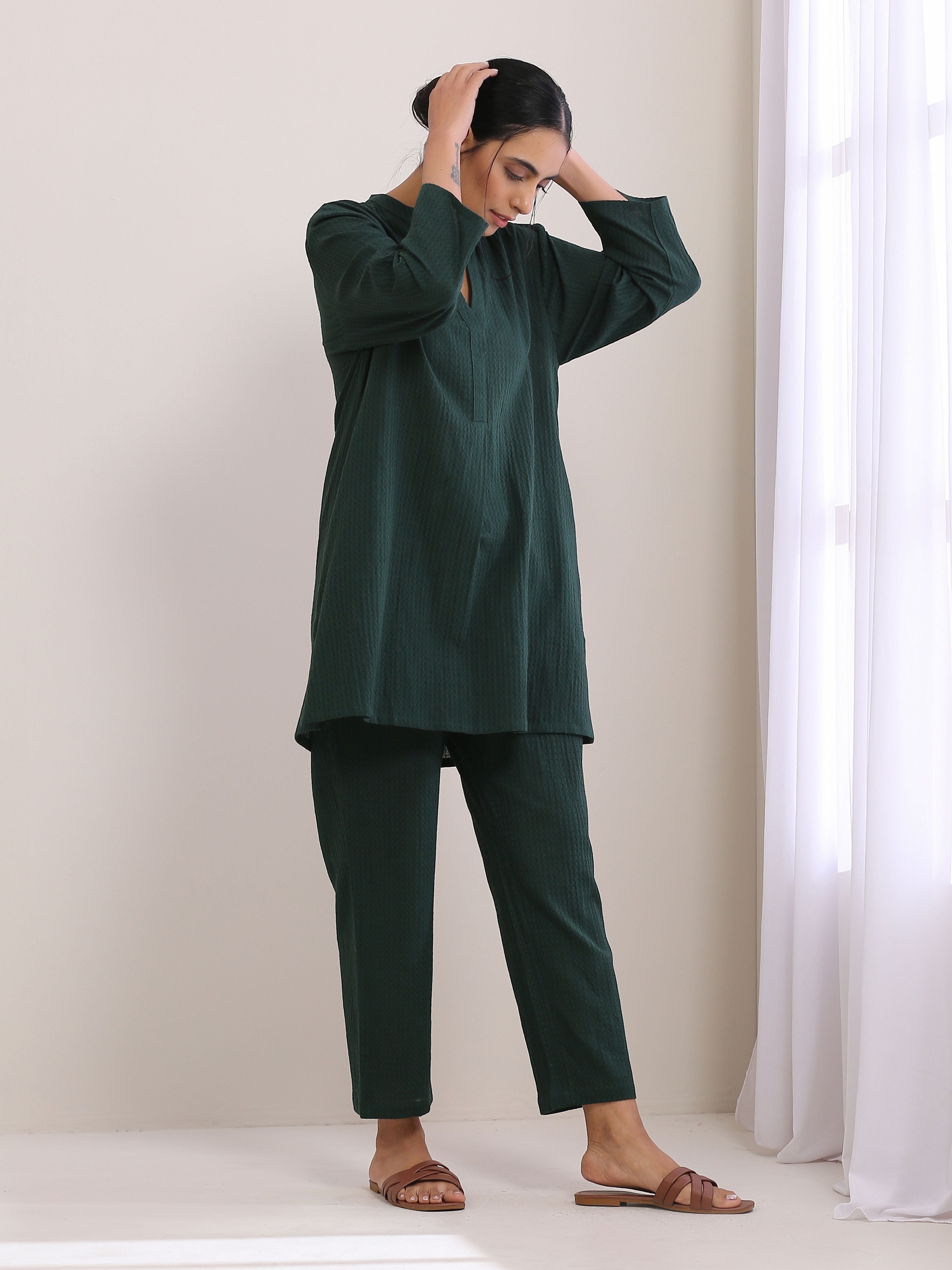 trueBrowns Dark Green Dobby Relaxed Fit Co-Ord Set - Distacart