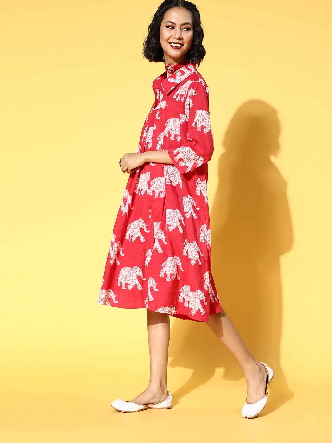 InWeave Red Elephant Flared Dress - Distacart
