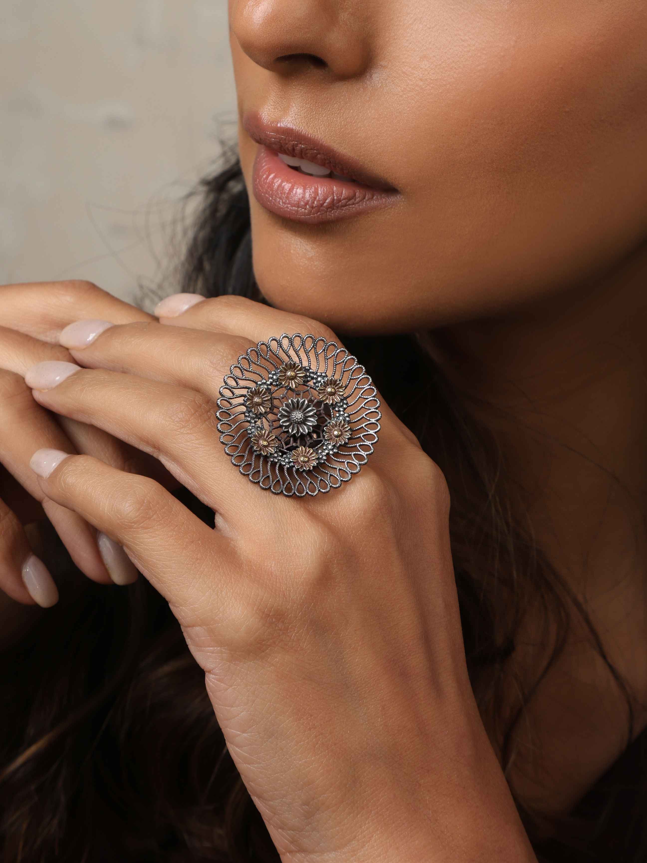 trueBrowns Silver Tone Floral Circular Ring - Distacart