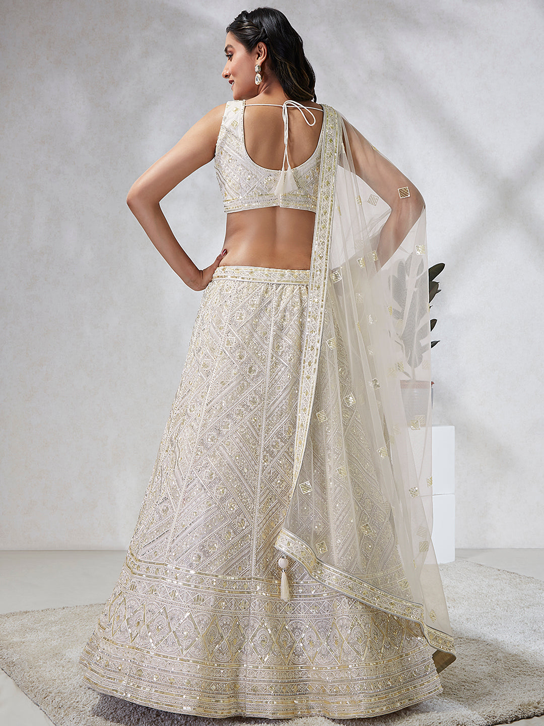 House of Panchhi Cream Net Cutdana, Sequins And Zarkan Embroidery Lehenga Choli & Dupatta - Distacart