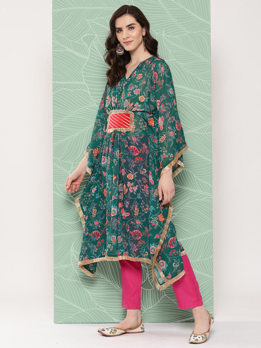 Ahalyaa Women Floral Printed Flared Sleeves Patchwork Georgette Kaftan Kurta - Distacart