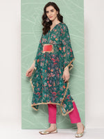 Thumbnail for Ahalyaa Women Floral Printed Flared Sleeves Patchwork Georgette Kaftan Kurta - Distacart