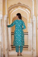 Thumbnail for Varanga Women Blue Printed Round Neck Straight Kurta With Bottom And Dupatta - Distacart