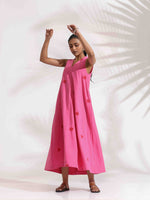 Thumbnail for trueBrowns Pink Cotton Embroidered Flared Dress