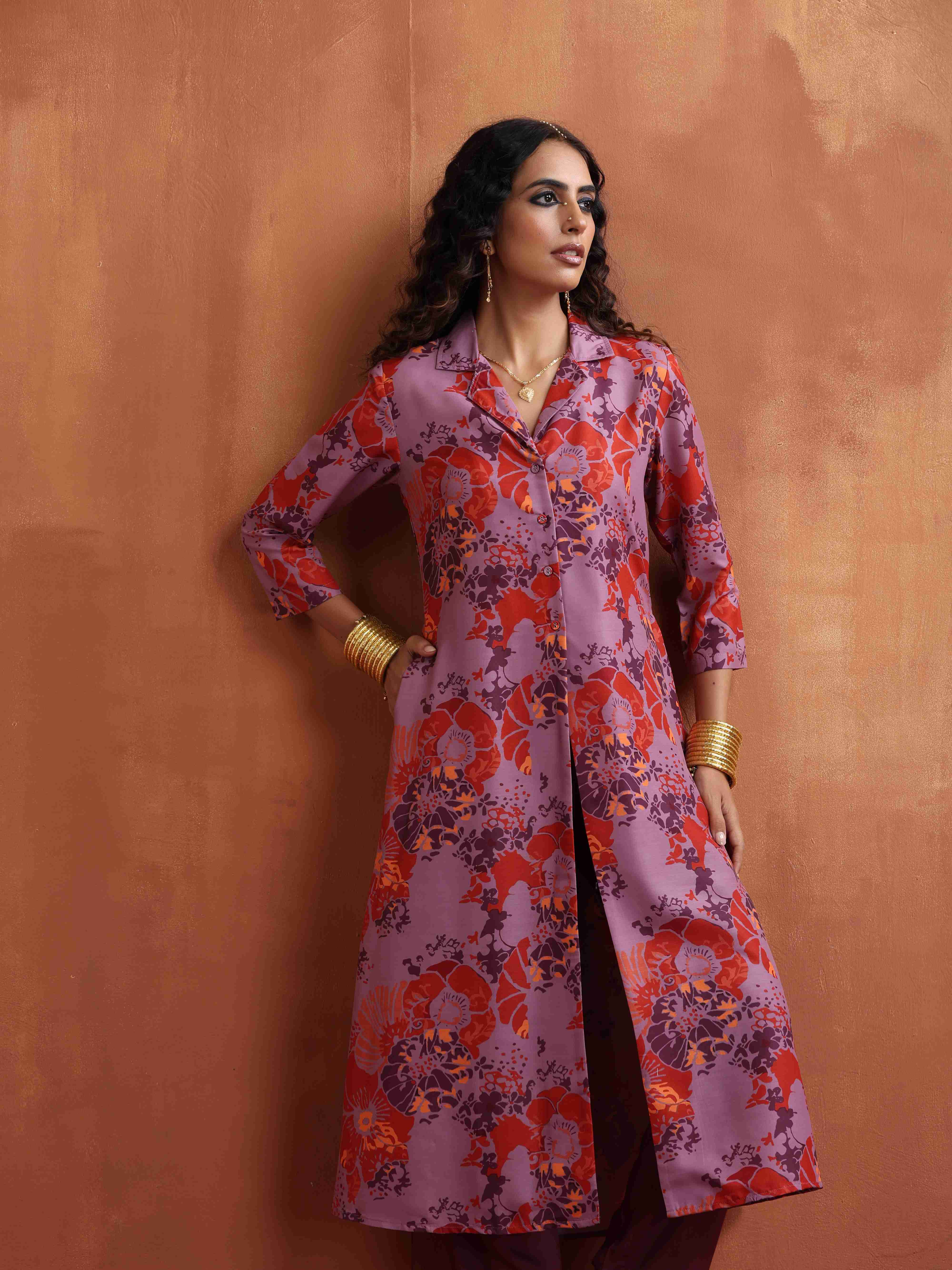 trueBrowns Purple Print Shirt Kurta Set - Distacart