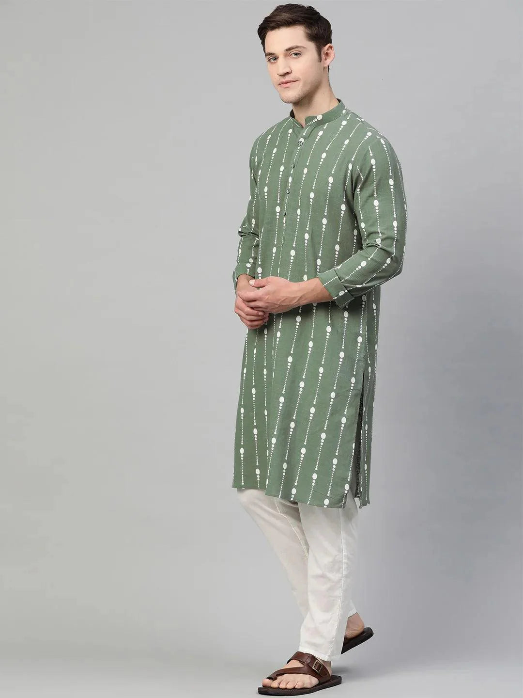 Fabmade Green And White Printed Straight Kurta Pyjama