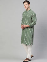 Thumbnail for Fabmade Green And White Printed Straight Kurta Pyjama