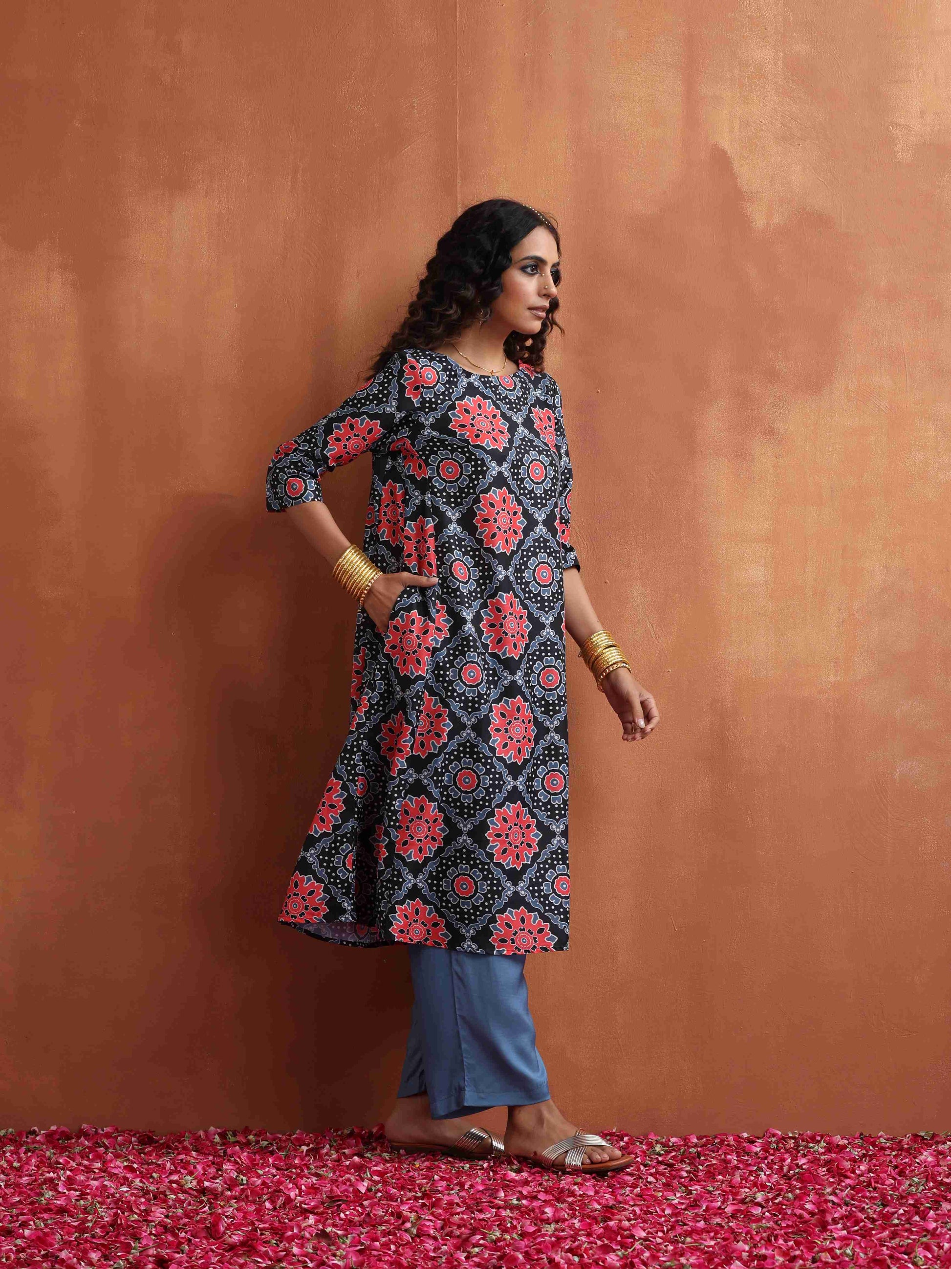 trueBrowns Black Ajrak Print A-line Kurta Set - Distacart