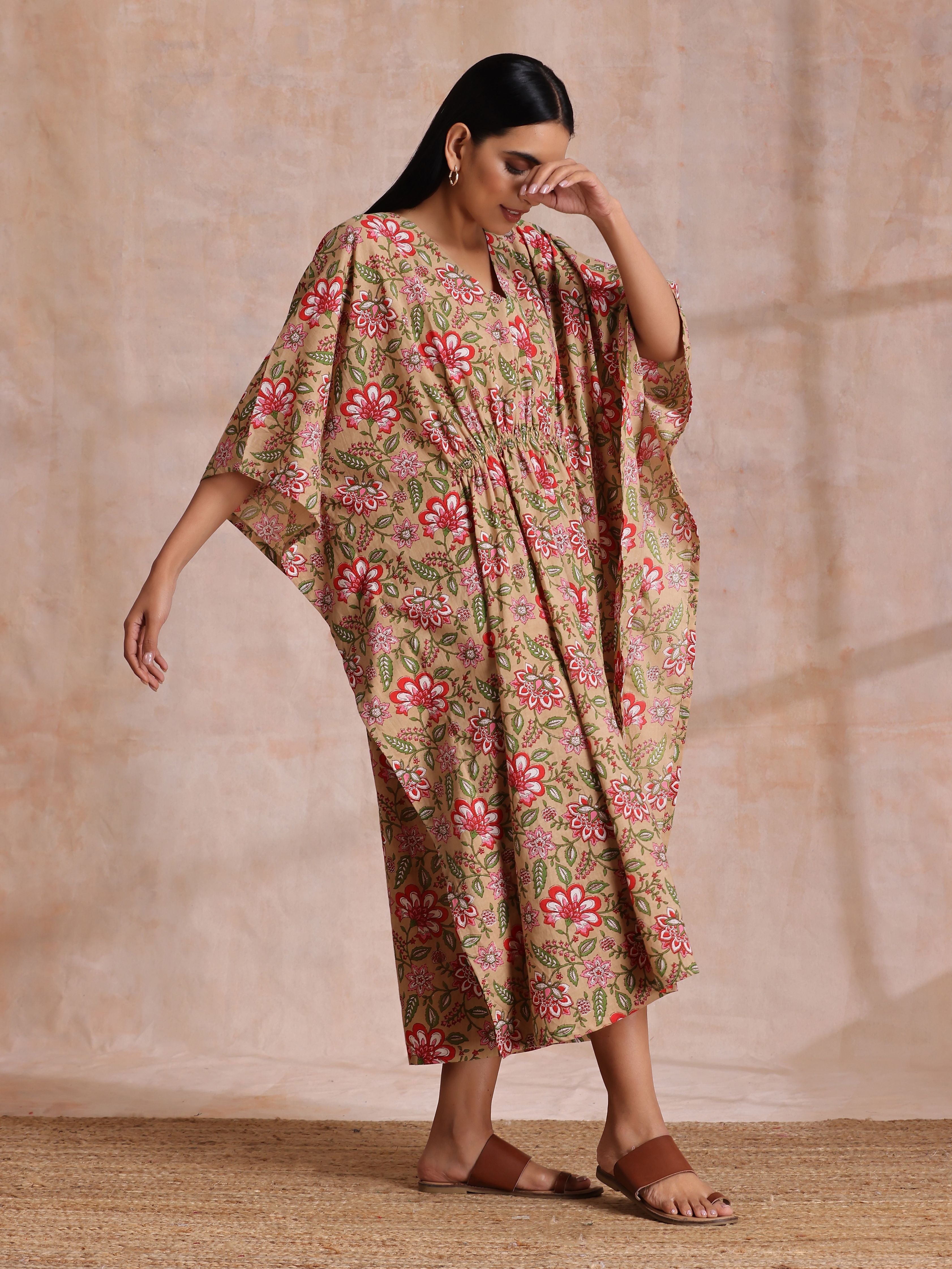 trueBrowns Beige Overall Big Floral Block Print Cotton Kaftan Dress - Distacart