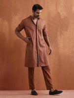 Thumbnail for trueBrowns Men's Brown Cotton Front Open Kurta