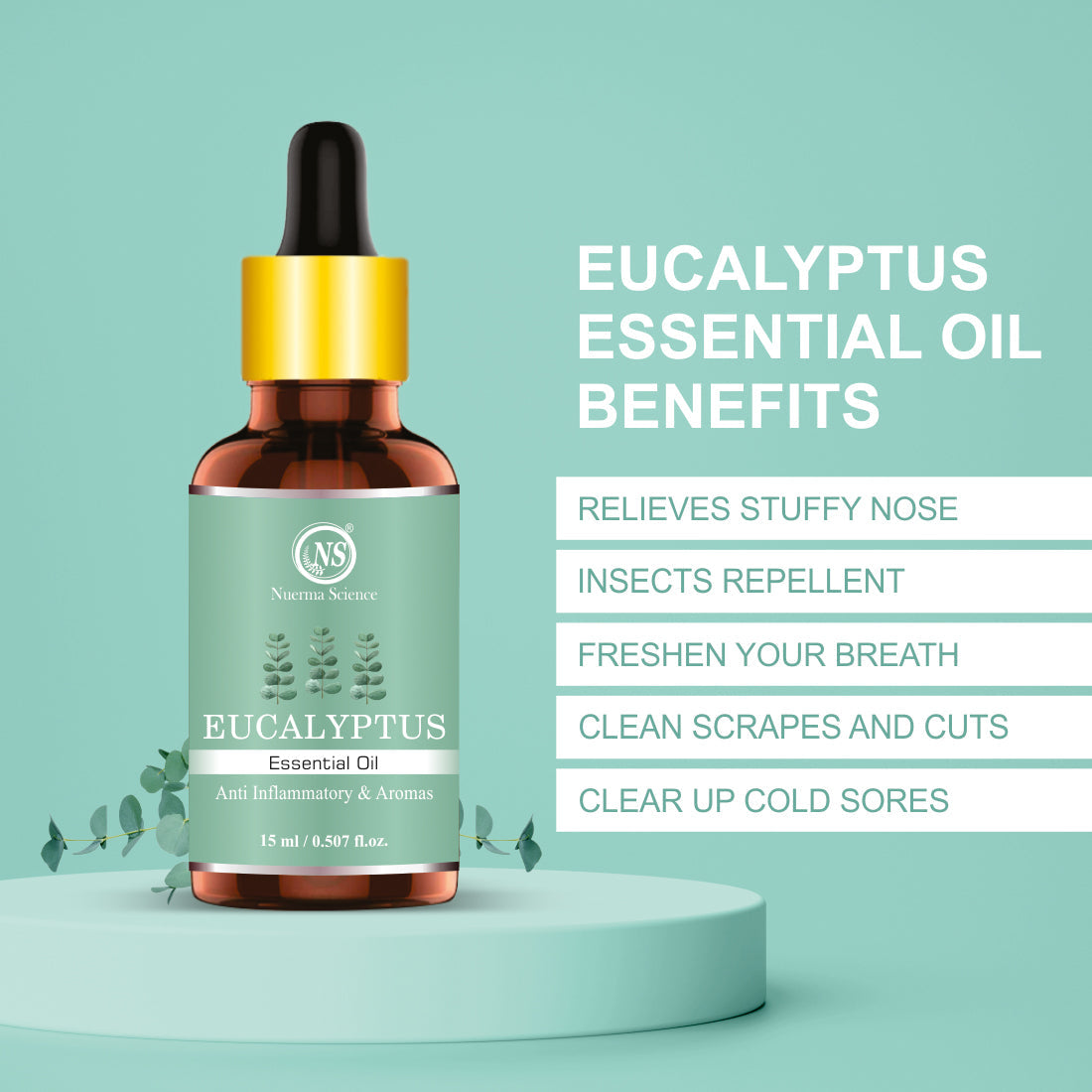 Nuerma Science Eucalyptus Essential Oil For Cold, Fresh Breathing & Joints Pain