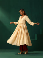 Thumbnail for trueBrowns Ivory Geometric Floral Viscose Silk Anarkali Kurta Pant Set - Distacart