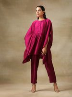 Thumbnail for trueBrowns Purple Textured Silk Gathered Kaftan Co-Ord Set - Distacart
