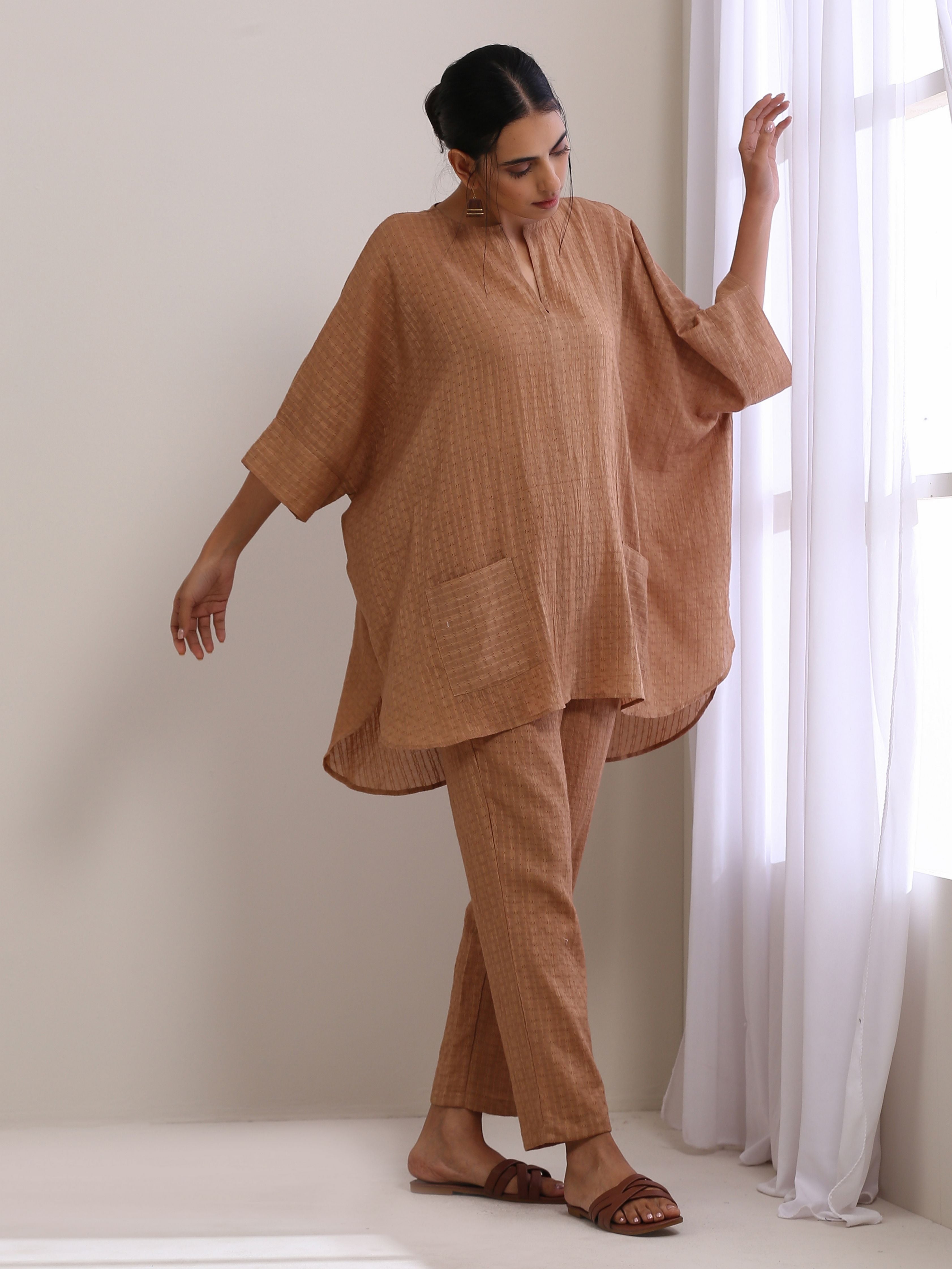 trueBrowns Beige Dobby Boxy Fit High-Low Co-Ord Set - Distacart