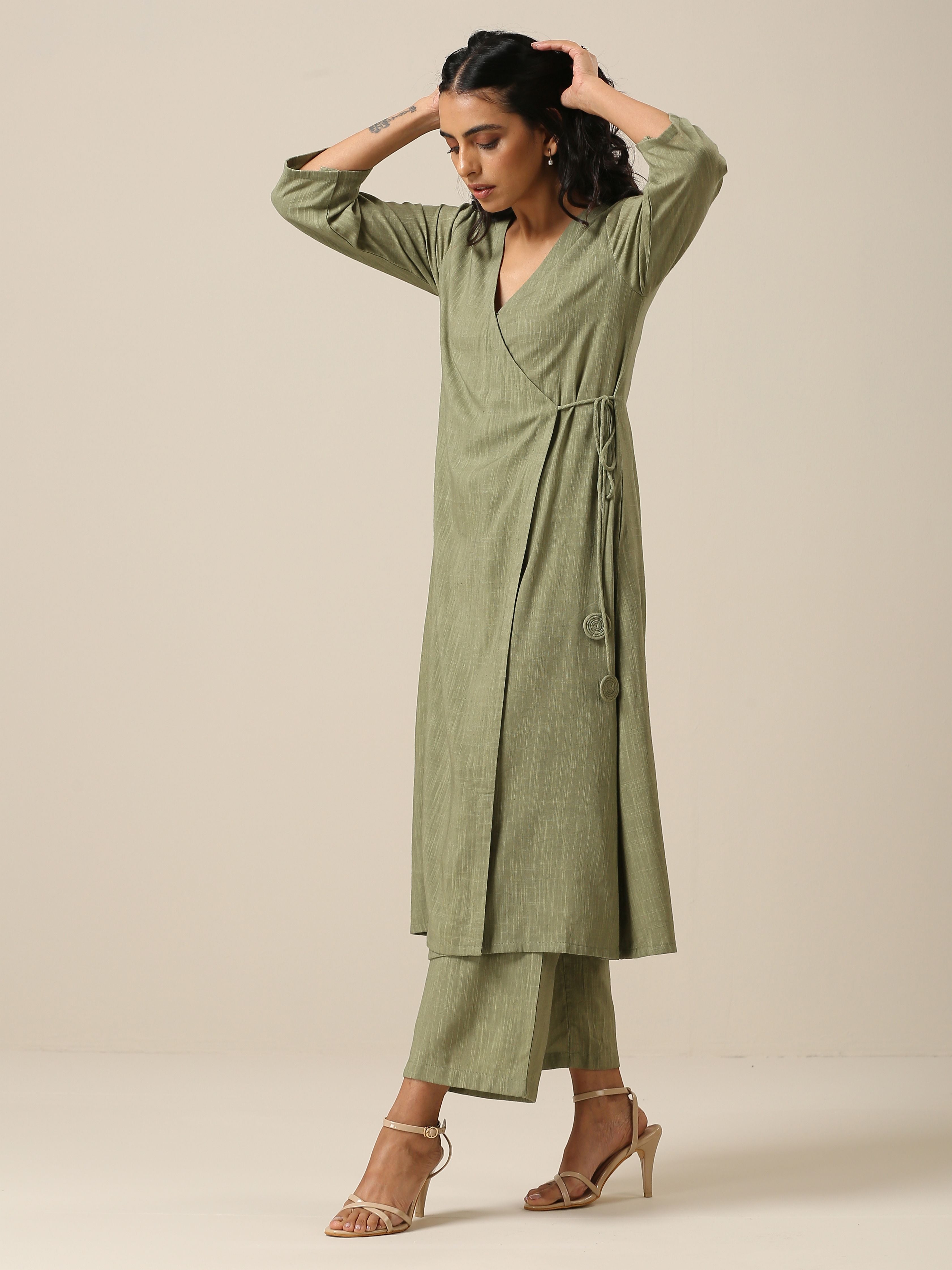trueBrowns Sage Slub Texture Angrakha Pant Set | Relove