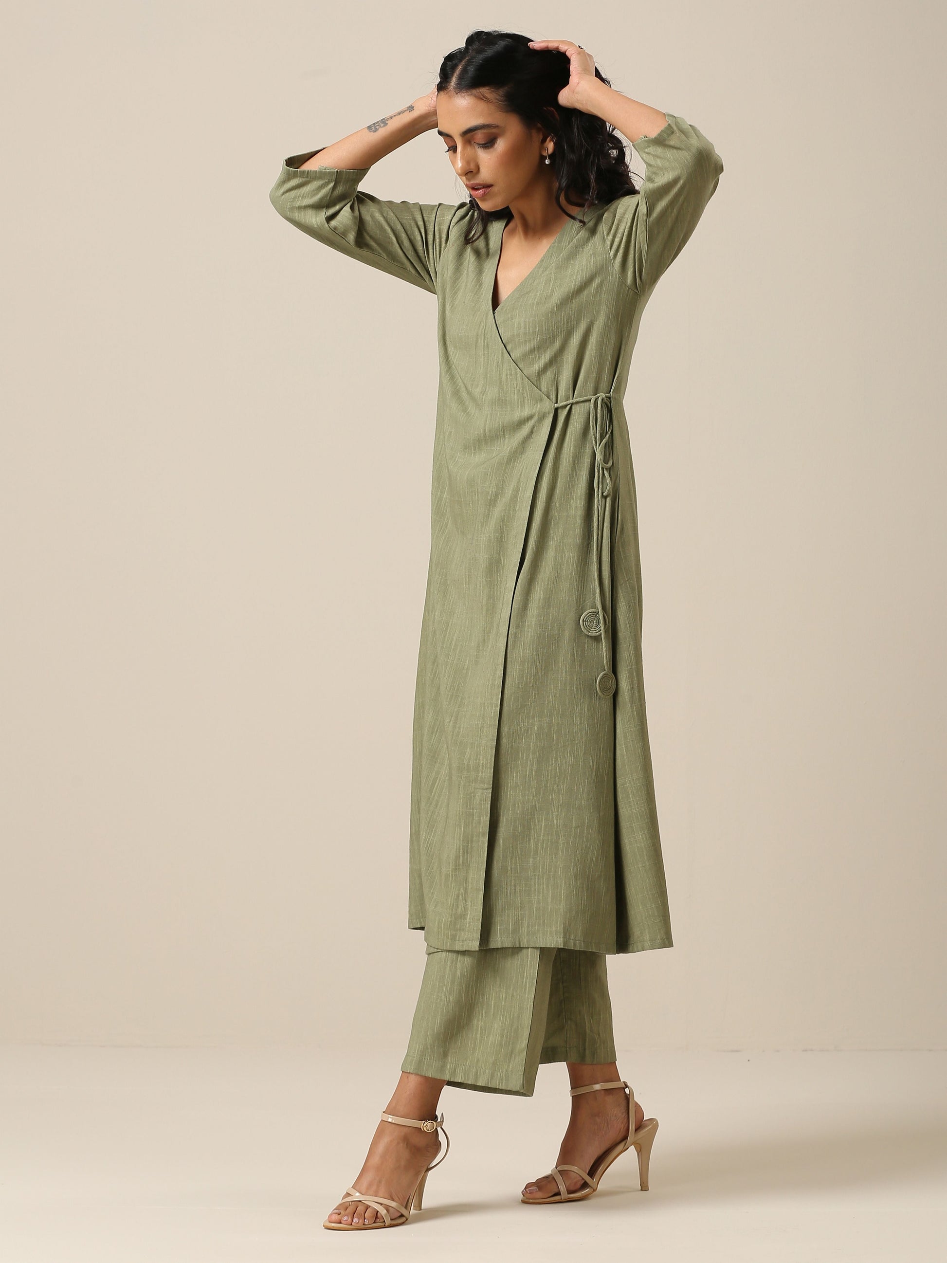trueBrowns Sage Slub Texture Angrakha Pant Set | Relove - Distacart