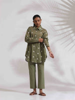 Thumbnail for trueBrowns Olive Green Cotton Floral Embroidered Co-ord Set