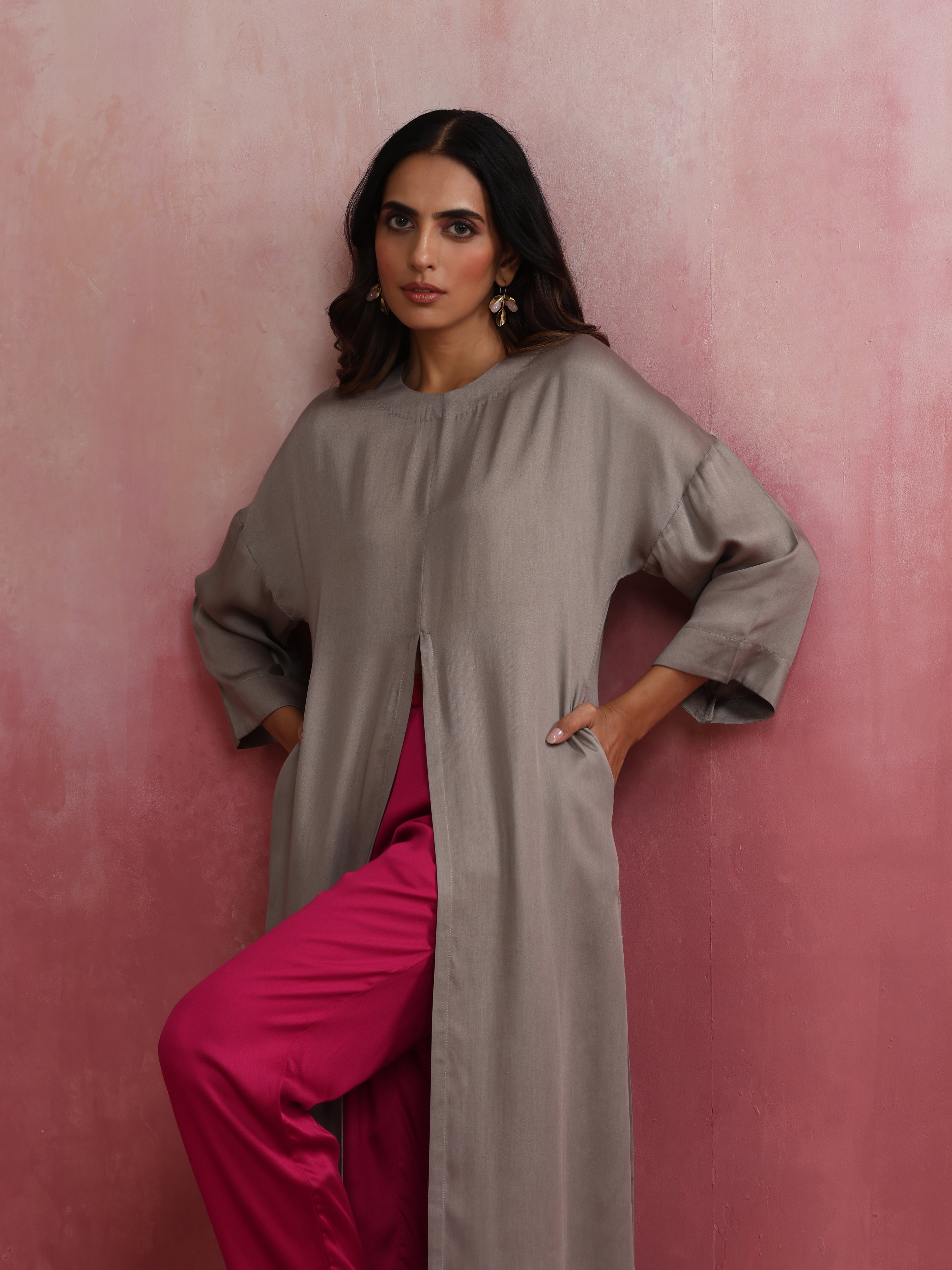 trueBrowns Grey High Slit Modal Kurta Set