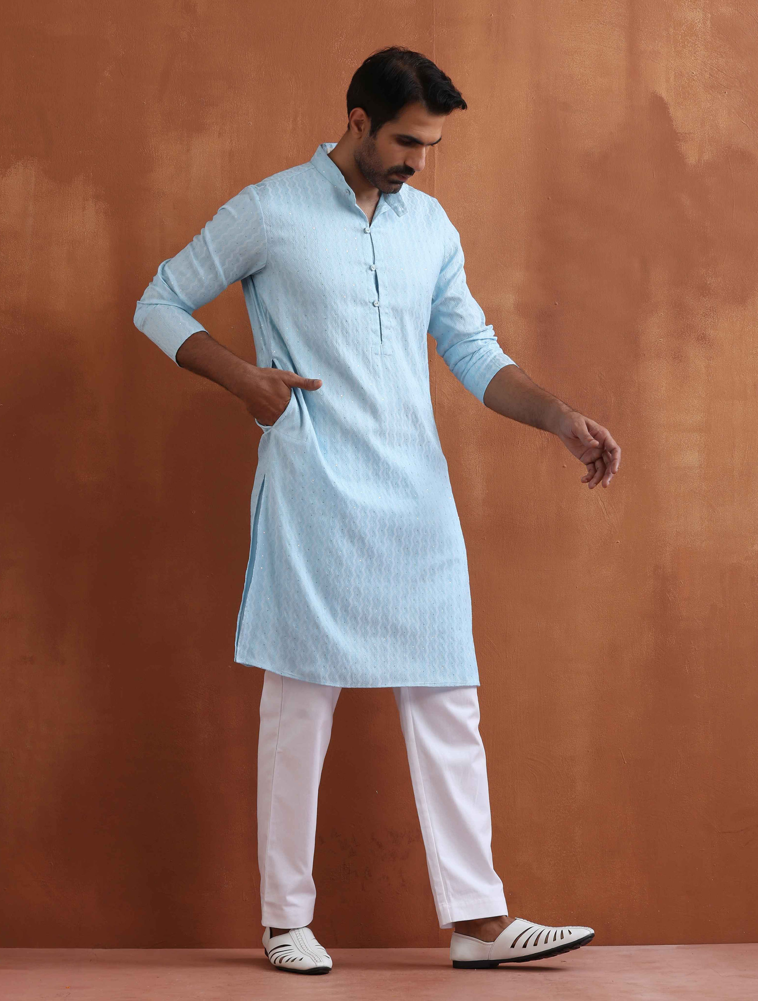 trueBrowns Men's Blue Sequin Chanderi Kurta