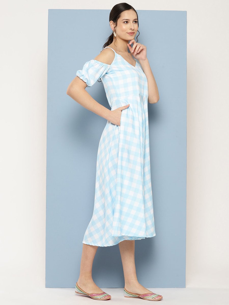 Ahalyaa Checked Cold-Shoulder Sleeves Midi Empire Ethnic Dress - Distacart