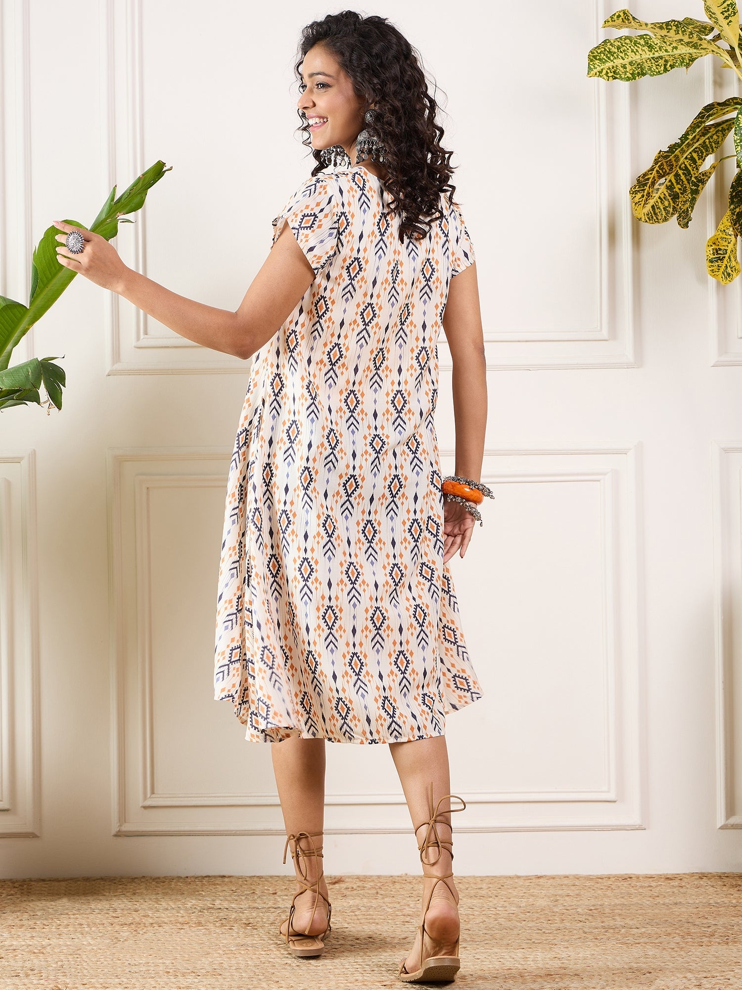 InWeave Off White Orange Black Ikkat Print Round Neck Aline Dress
