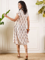 Thumbnail for InWeave Off White Orange Black Ikkat Print Round Neck Aline Dress