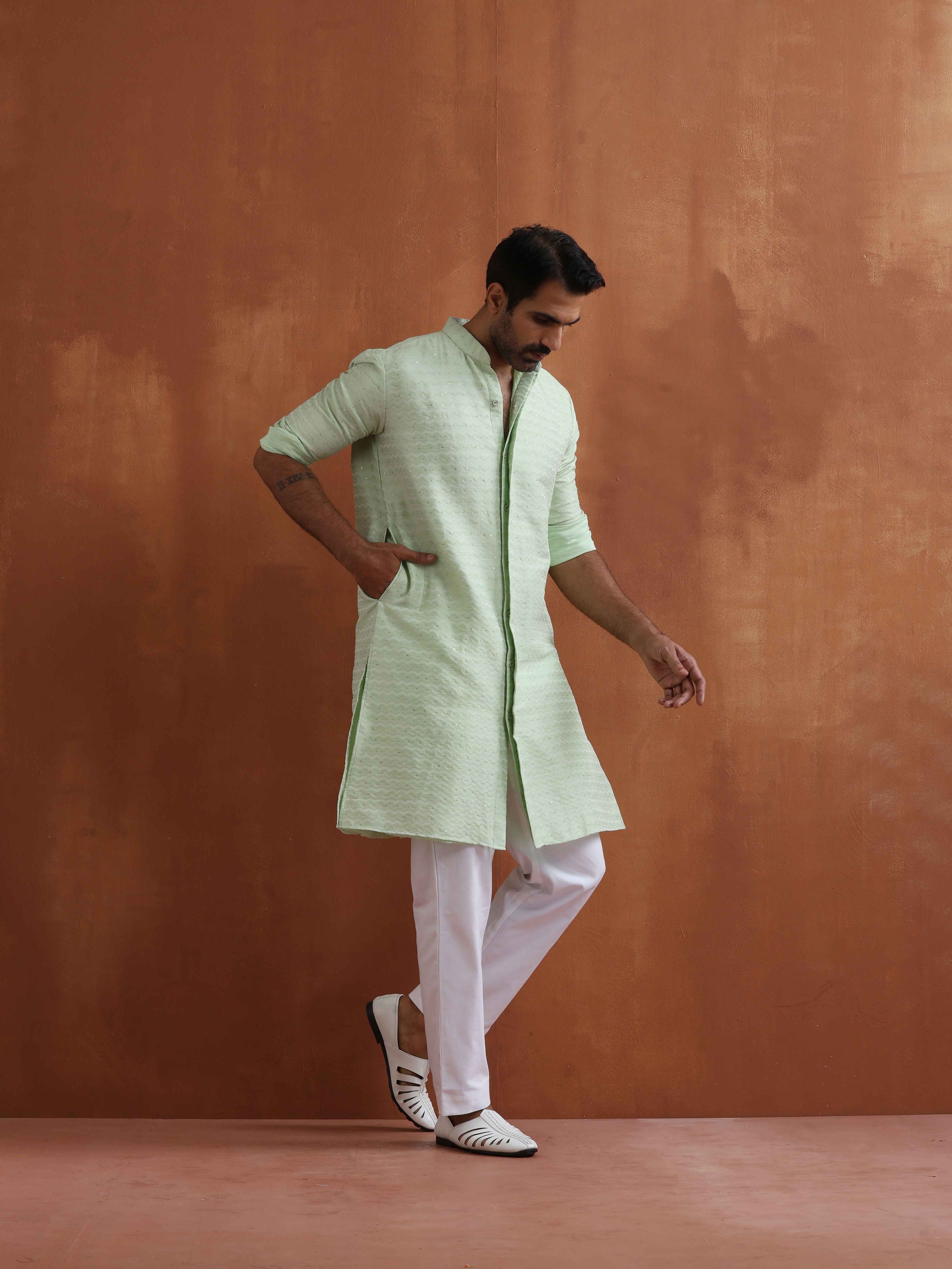 trueBrowns Men's Green Sequin Chanderi Kurta