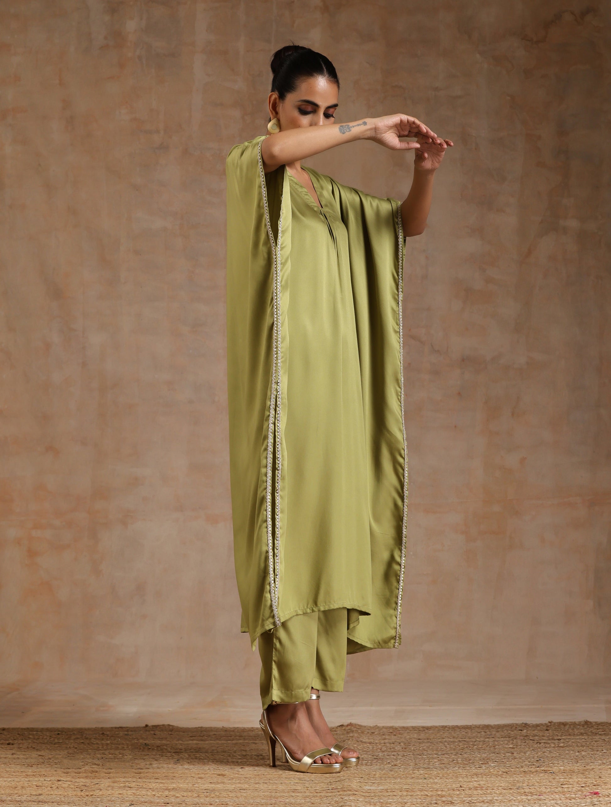 trueBrowns Light Green Modal Satin Kaftan Kurta Set - Distacart