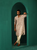 Thumbnail for trueBrowns Men's Off White Circle Floral Muslin Silk Printed Long Kurta - Distacart