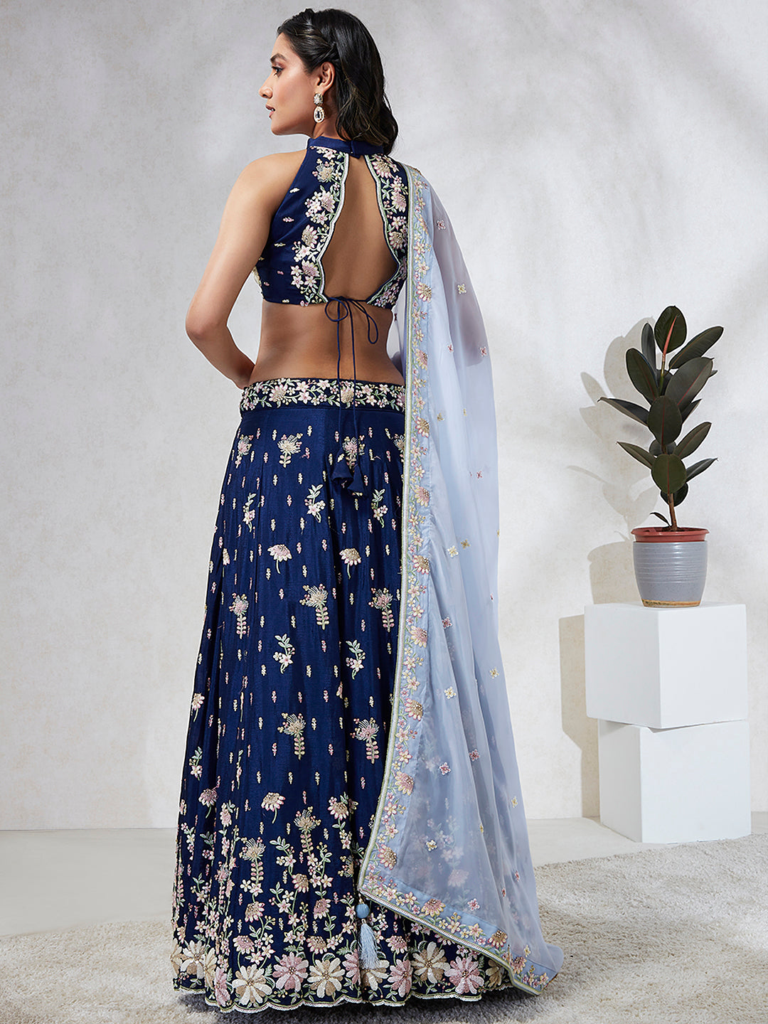House of Panchhi Navy Blue Pure Georgette Sequins And Thread Embroidery Lehenga Choli & Dupatta - Distacart
