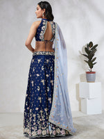 Thumbnail for House of Panchhi Navy Blue Pure Georgette Sequins And Thread Embroidery Lehenga Choli & Dupatta - Distacart