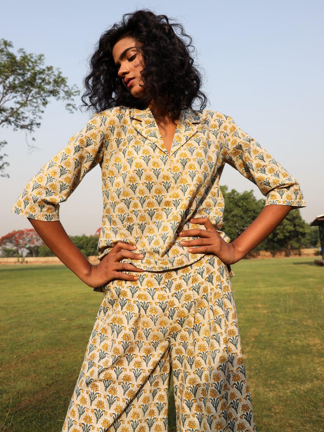 trueBrowns Light Sage Cotton Block Print Lapel Shirt Co-Ord Set - Distacart