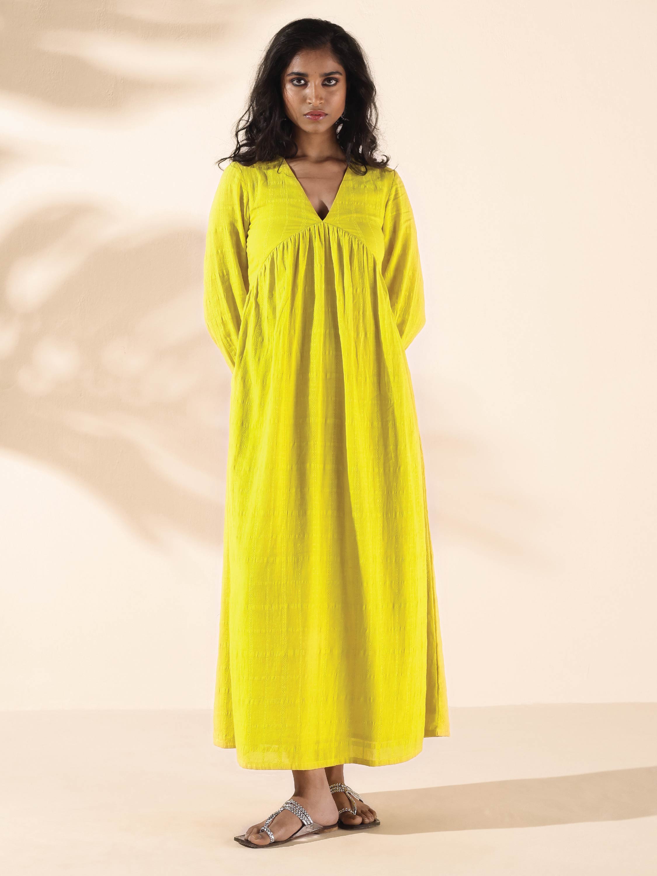 trueBrowns Lime Cotton Dobby Flared Dress - Distacart