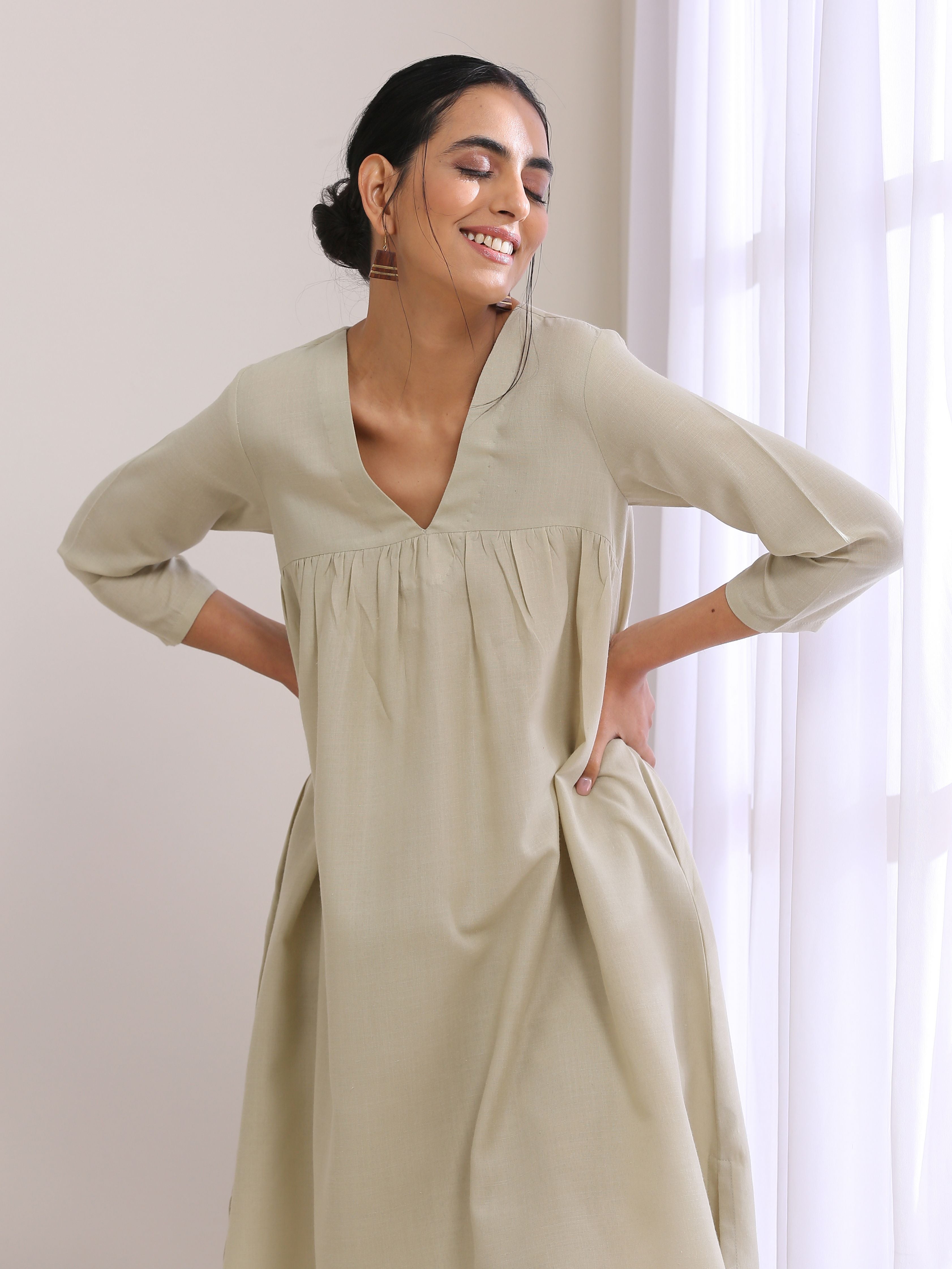 trueBrowns Light Grey Slub Gathered Kurta Pant Set - Distacart