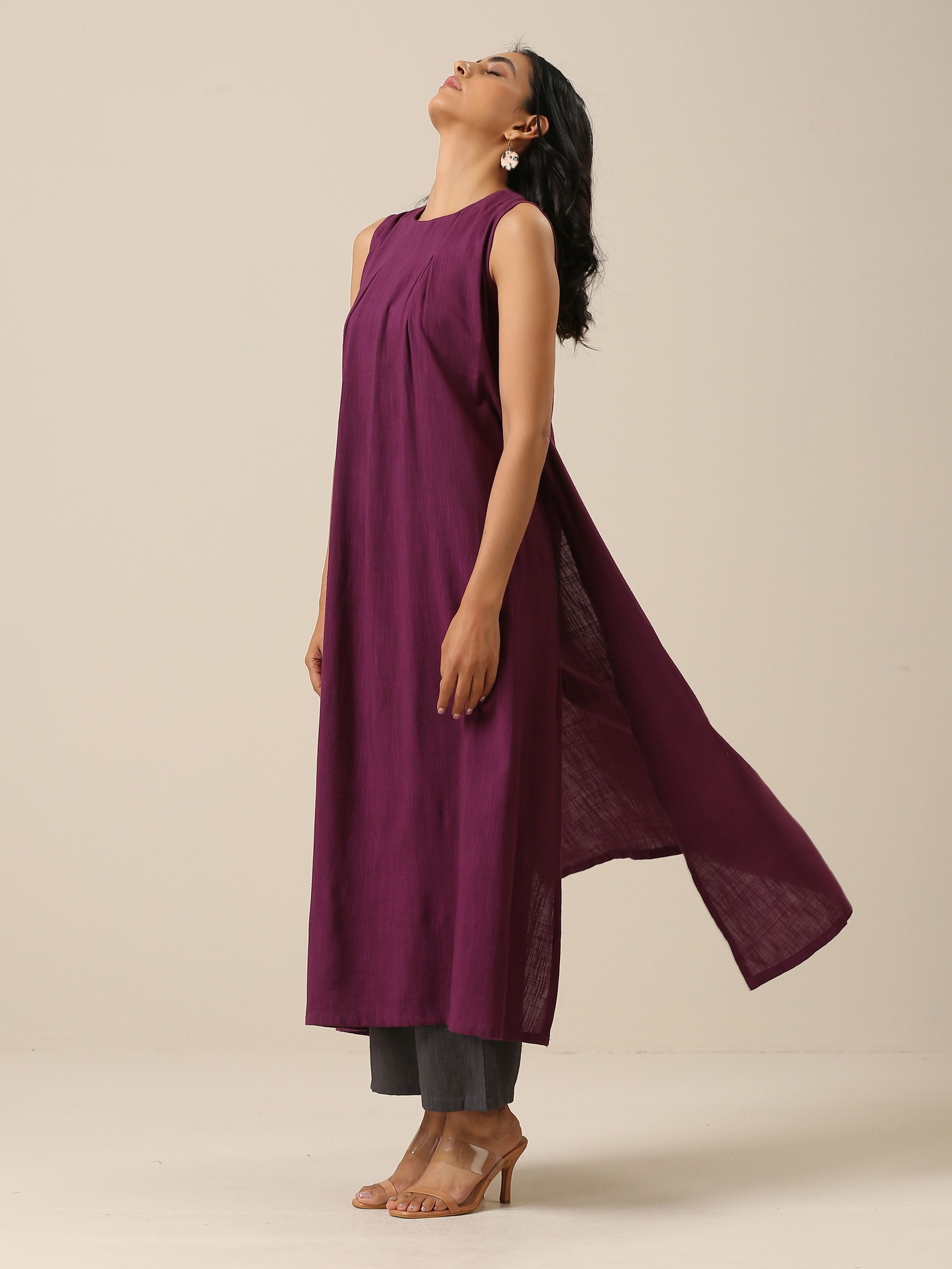 trueBrowns Plum Purple Slub Texture Sleeveless Kurta Pant Set - Distacart