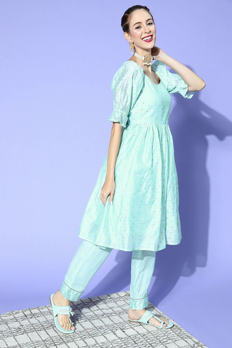 Ahika Sky Blue Poly Chanderi Square Neck Kurta Set
