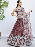 Thumbnail for House of Panchhi Rose Gold Pure Georgette Sequins And Thread Embroidery Lehenga Choli & Dupatta - Distacart