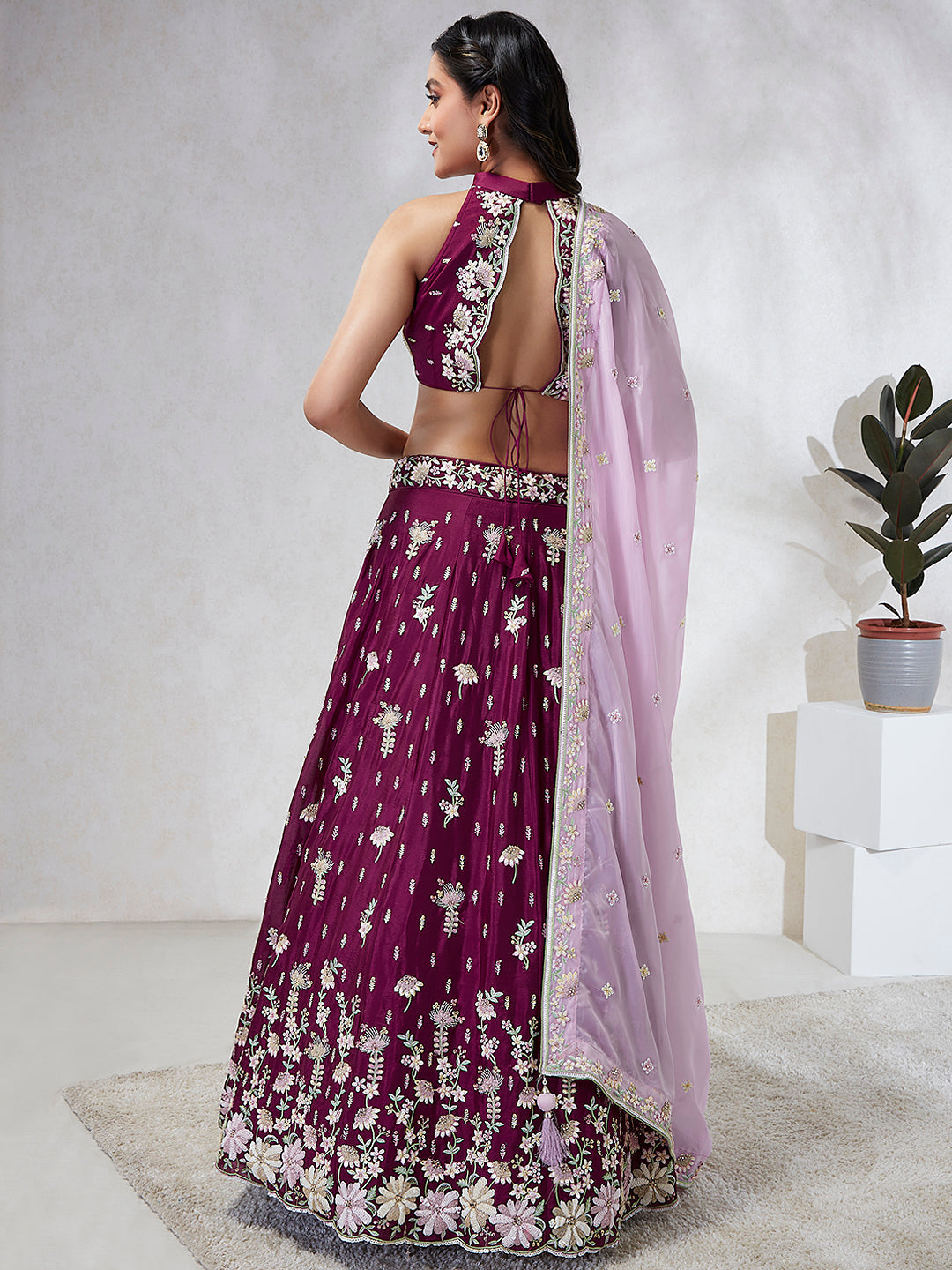 House of Panchhi Burgundy Pure Georgette Sequins And Thread Embroidery Lehenga Choli & Dupatta - Distacart