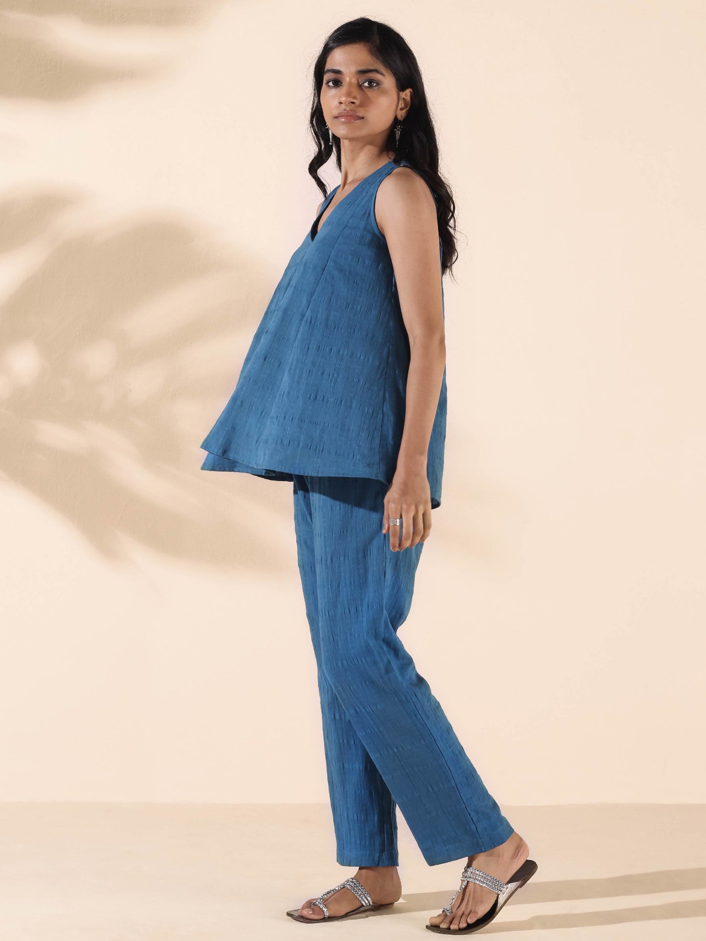 trueBrowns Blue Cotton Dobby Flared Co-ord Set - Distacart