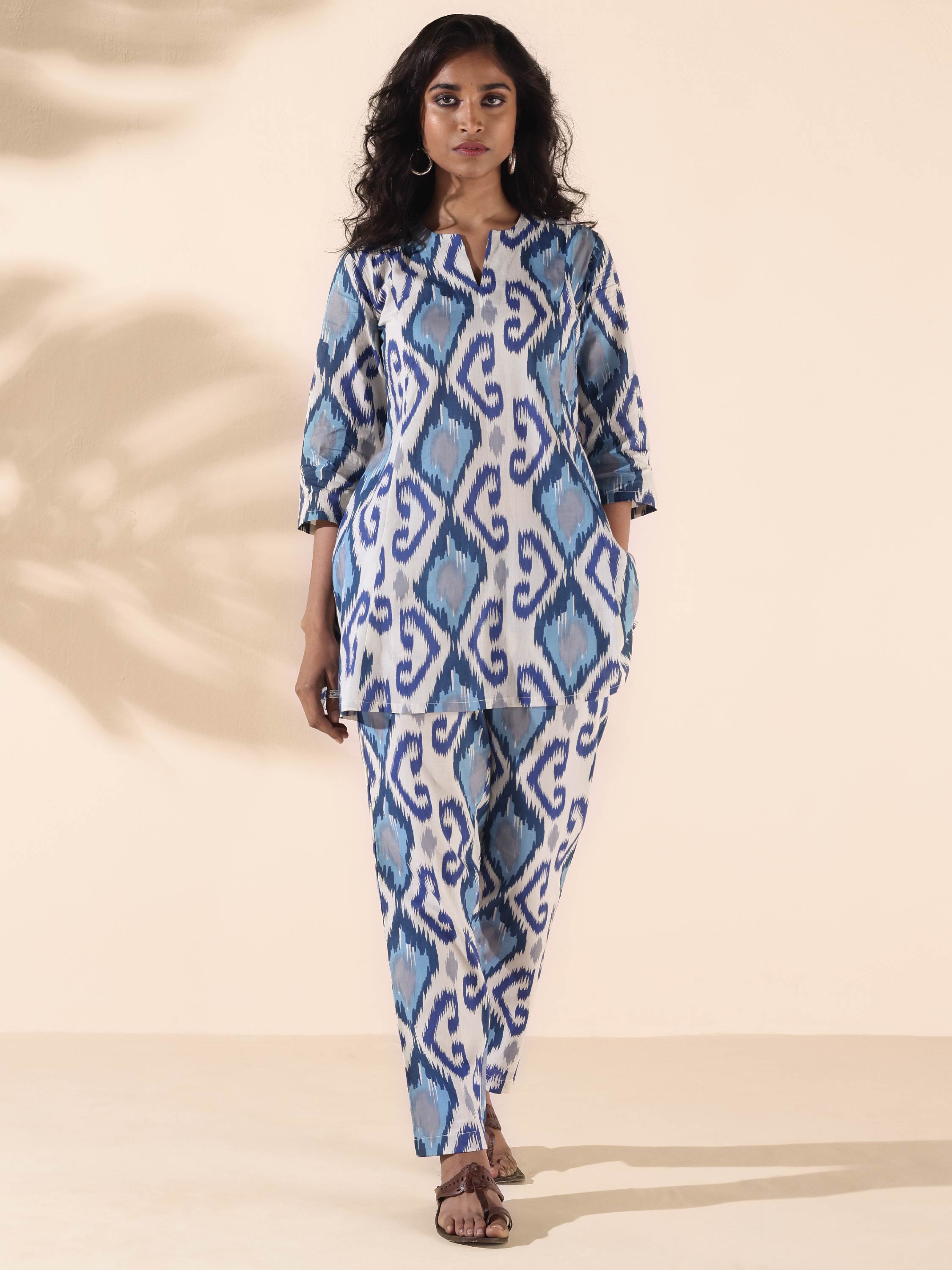 trueBrowns Blue Cotton Ikat Relaxed Co-ord Set - Distacart