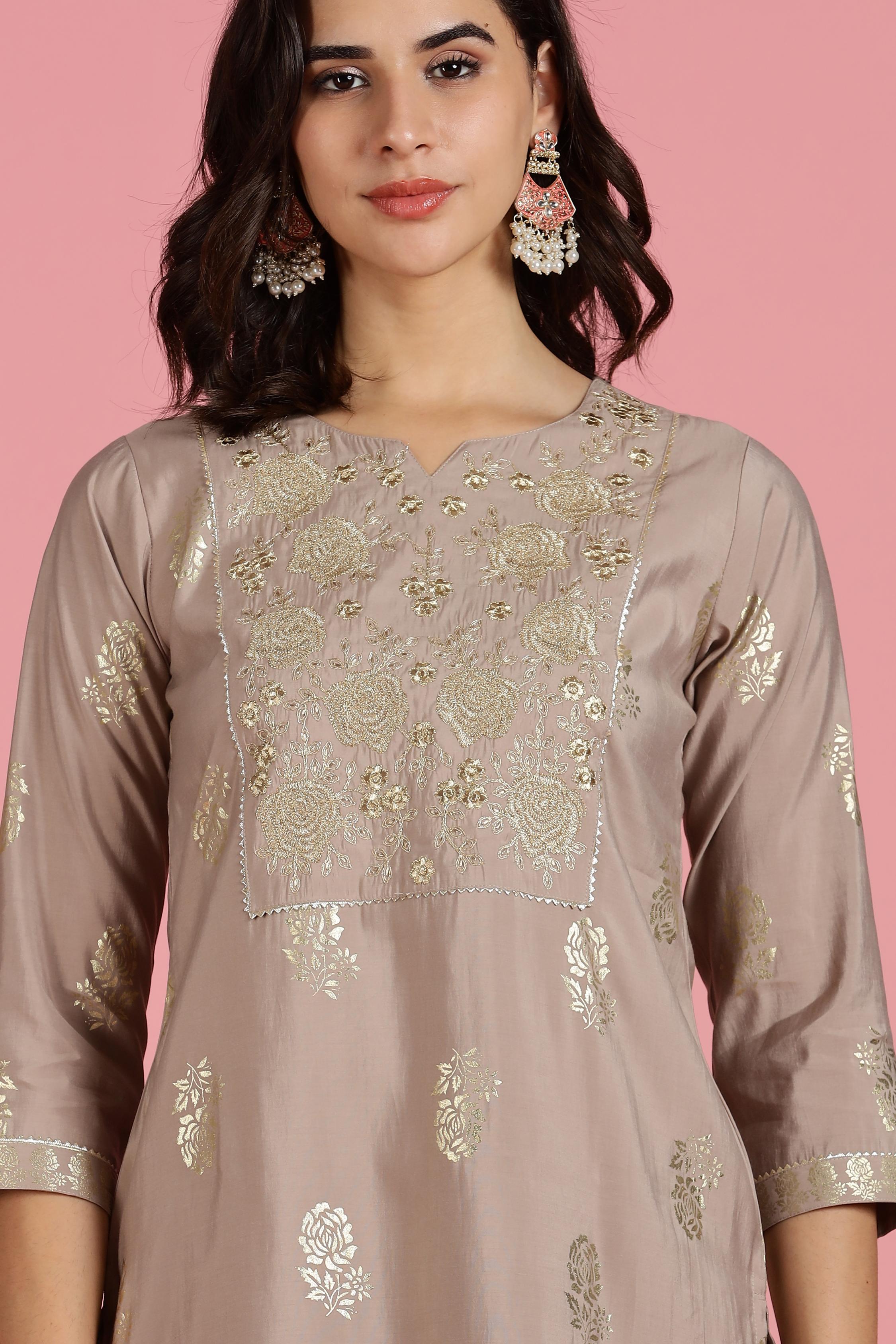 BulBul Women’s Mocha Mousse Embroidered Kurta Set with Dupatta