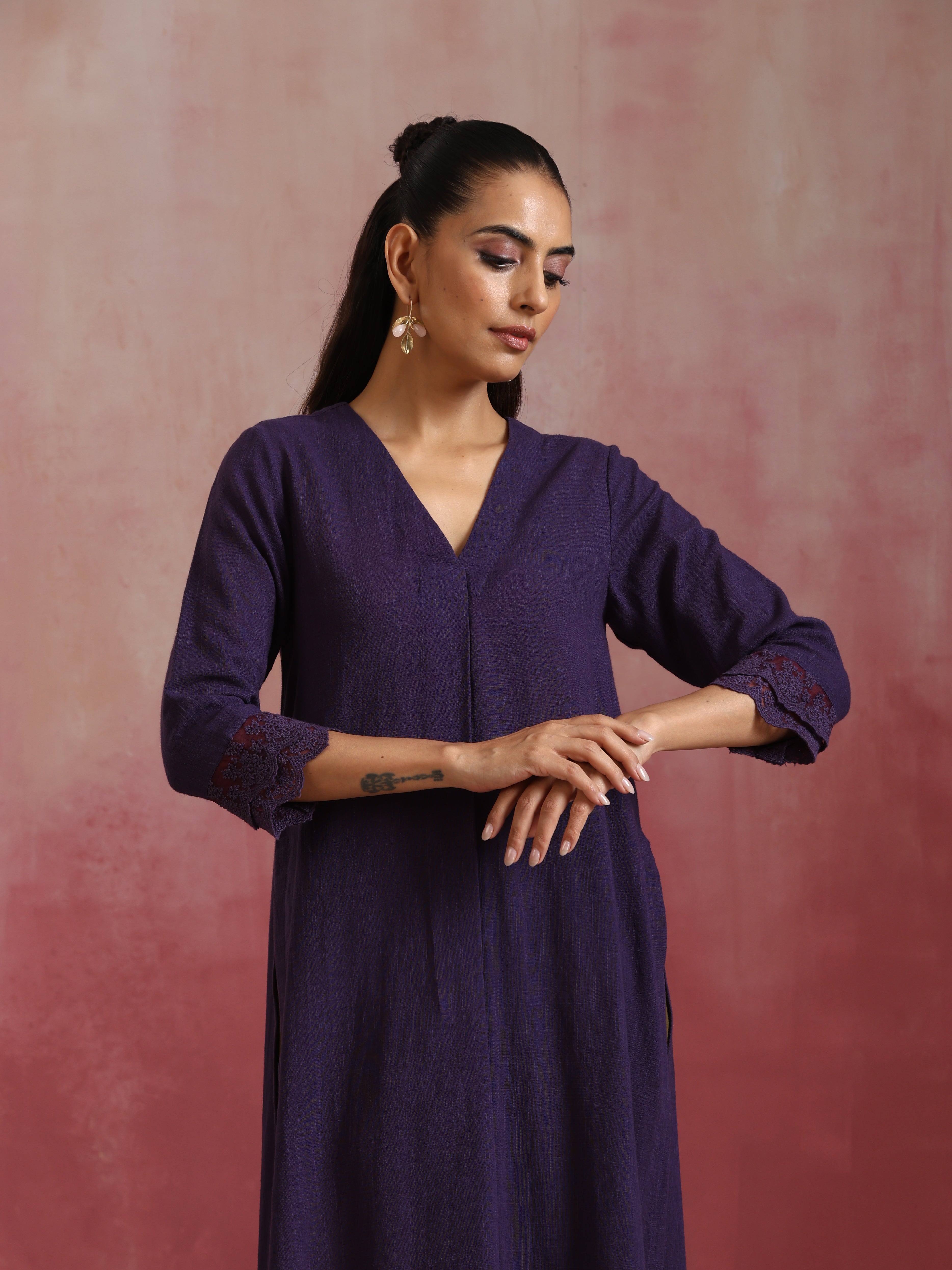 trueBrowns Purple Cotton Dobby Kurta Set - Distacart
