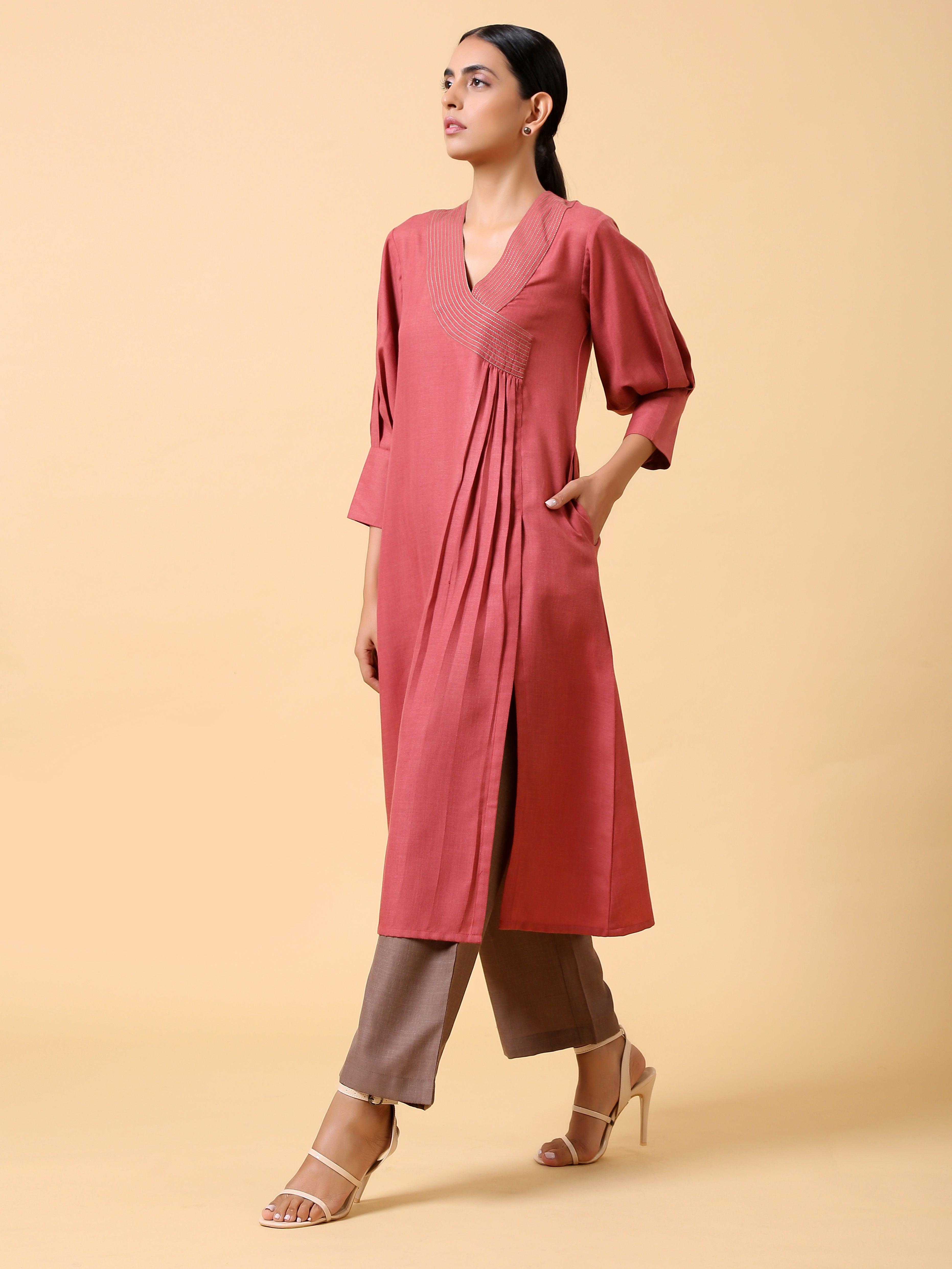 trueBrowns Cotton Linen Rust Red Kurta Pant Set - Distacart