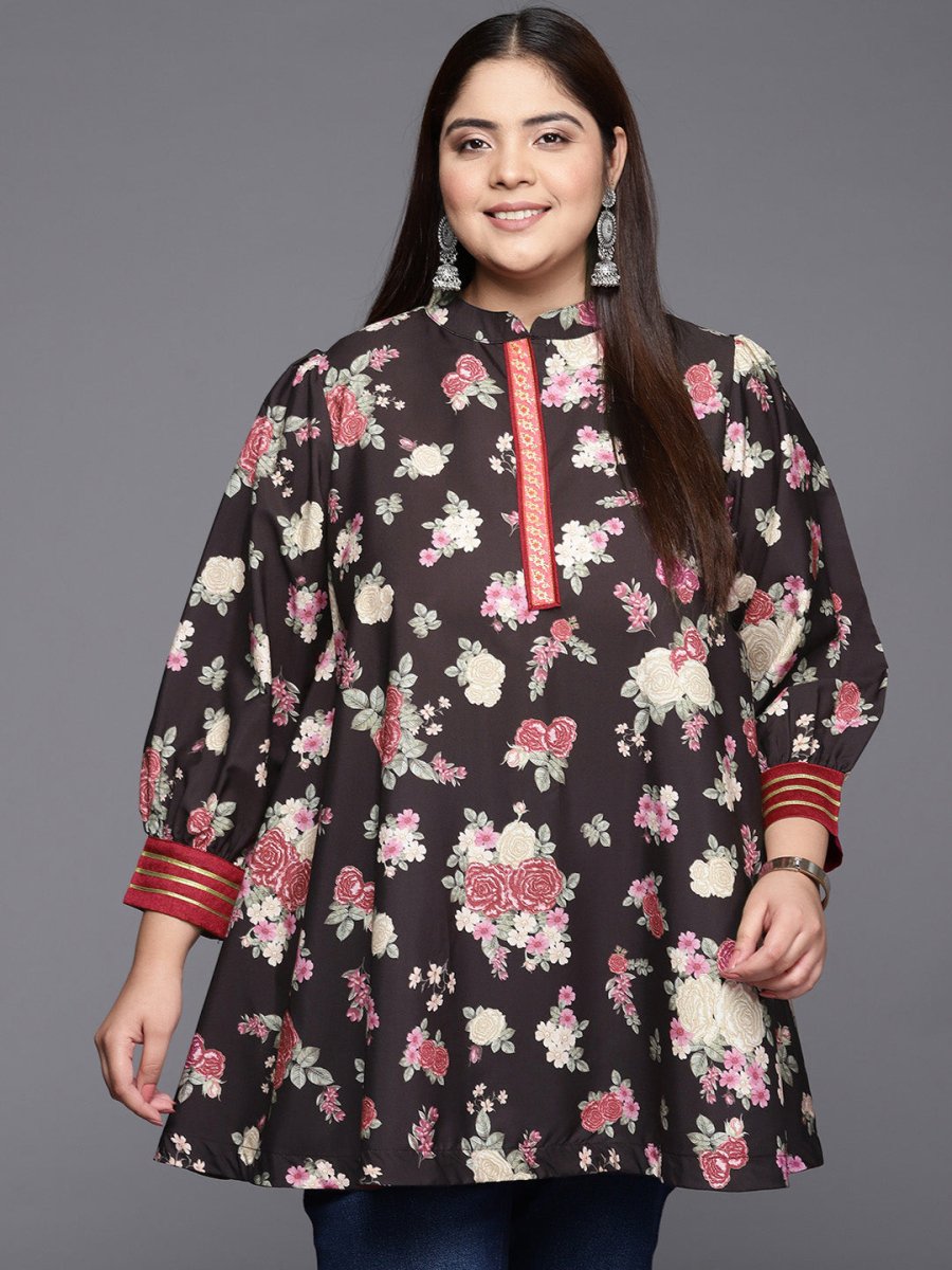 Ahalyaa Mandarin Collar Crepe Floral Printed Tunic - Distacart