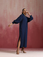 Thumbnail for trueBrowns Dark Blue Cotton Dobby Dress - Distacart