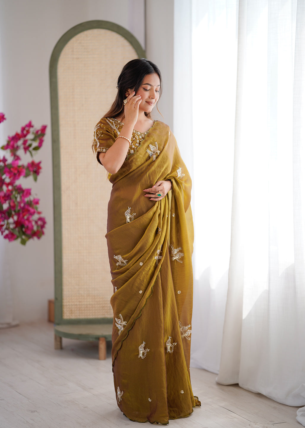 Evanik Mehendi Mos Silk With Handwork Butterfly Design Saree With Unstitched Blouse