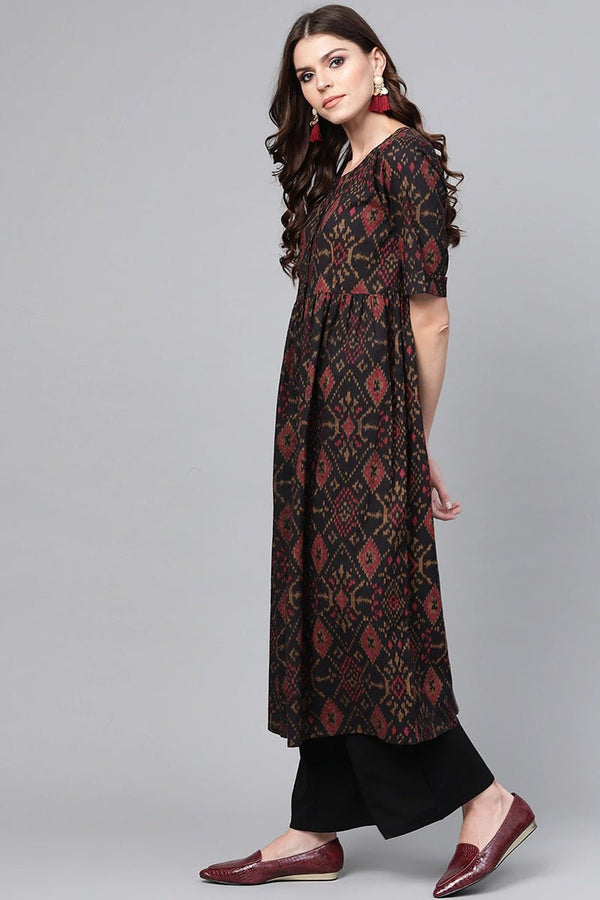 Ahika Black & Maroon Color Rayon Blend fabric Printed A-Line Kurta