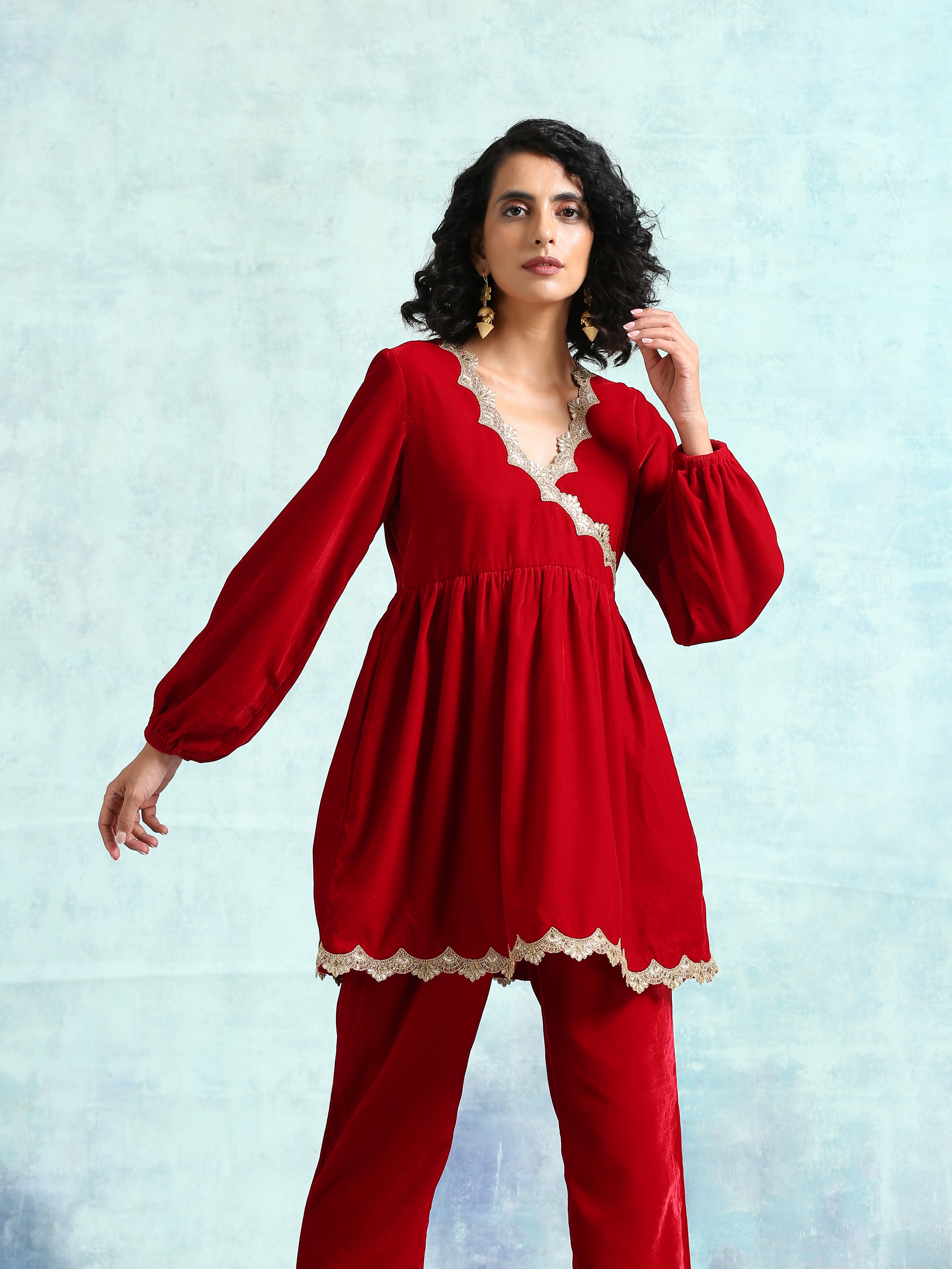 trueBrowns True Red Velvet Lace Co-Ord Set - Distacart