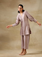 Thumbnail for trueBrowns Grey Textured Silk Neck Pleat Co-Ord Set - Distacart